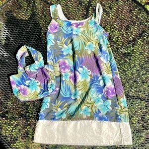 Vintage beach dress tropical floral blue green purple coverup matching purse